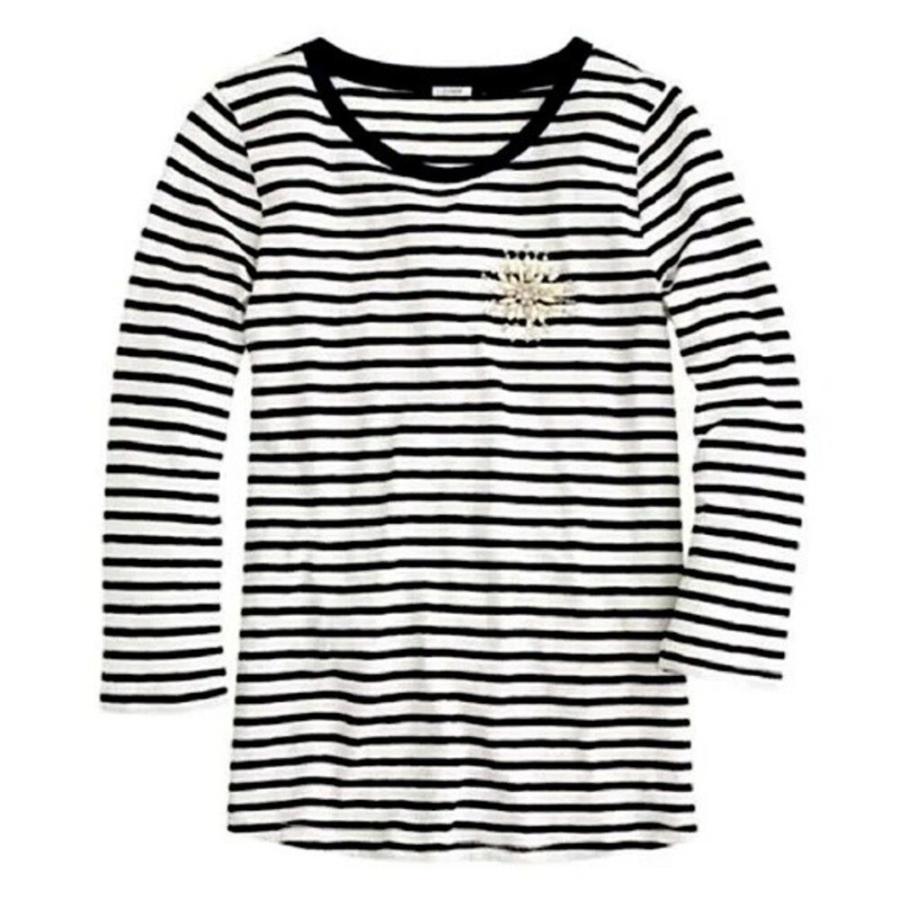 J Crew Painter Tee Shirt Jeweled Brooch Stripe Black & White Size Medium